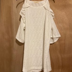 Never worn, open shoulder white dressy blouse